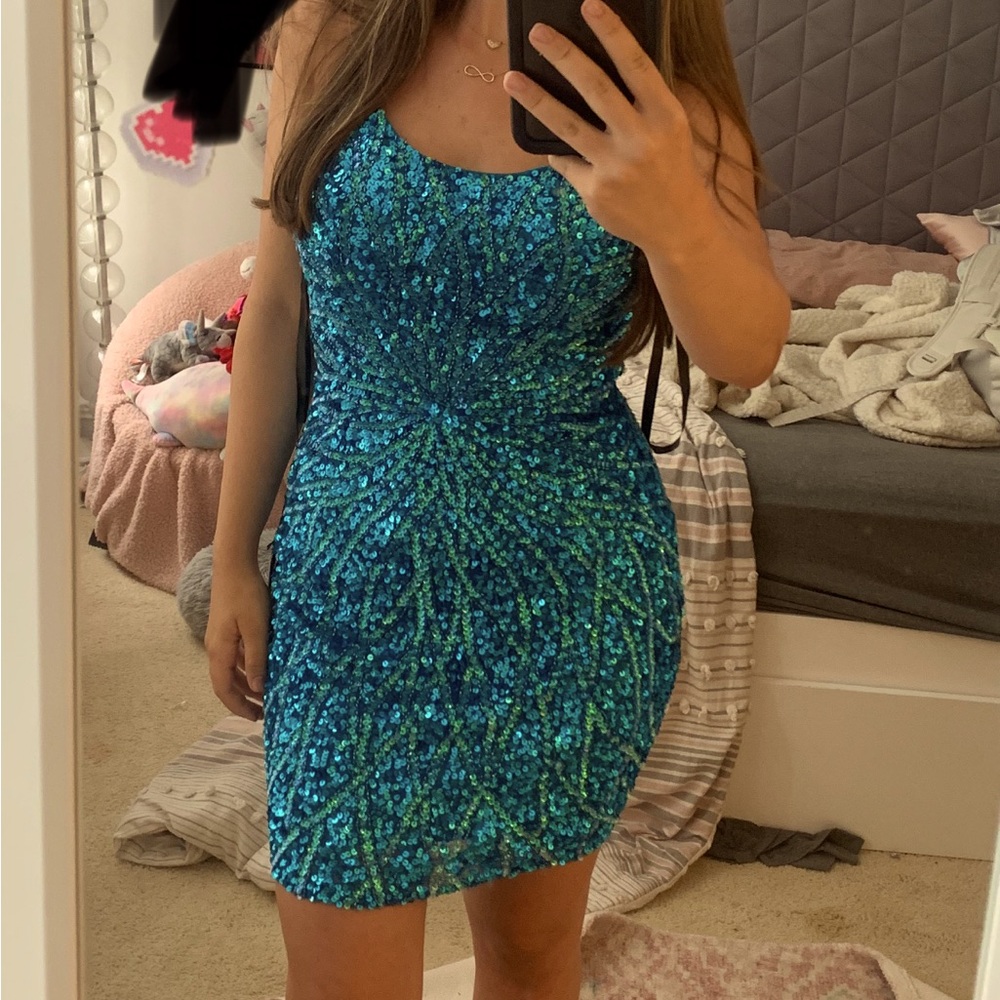 PrimaVera Couture Homecoming Dress Peacock Blue Sequinned Beaded 4001 Size 0